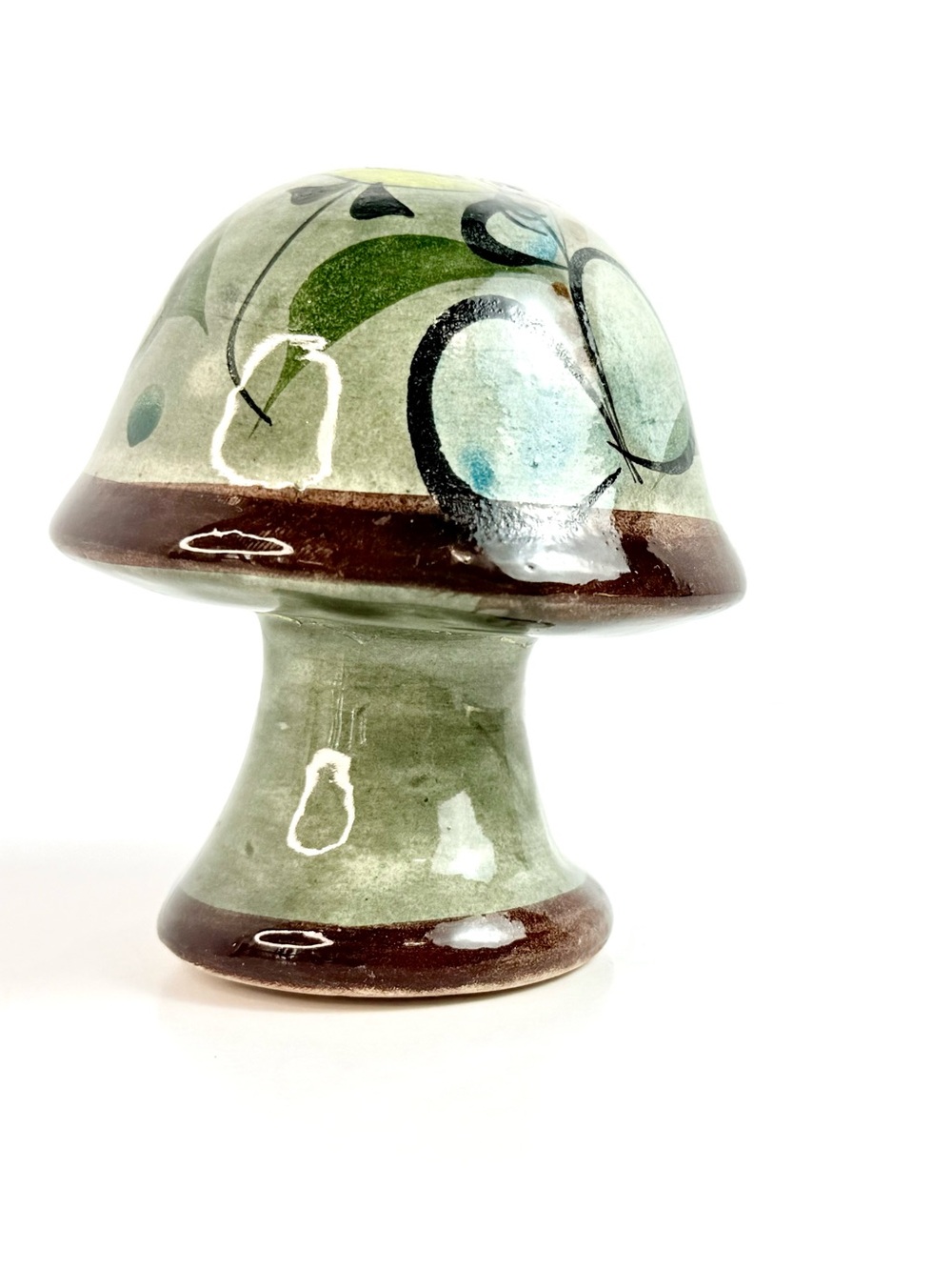 Vintage Ceramic Hand Painted Mushroom Mexico Folk Art Figurine Blue 4” BOHO